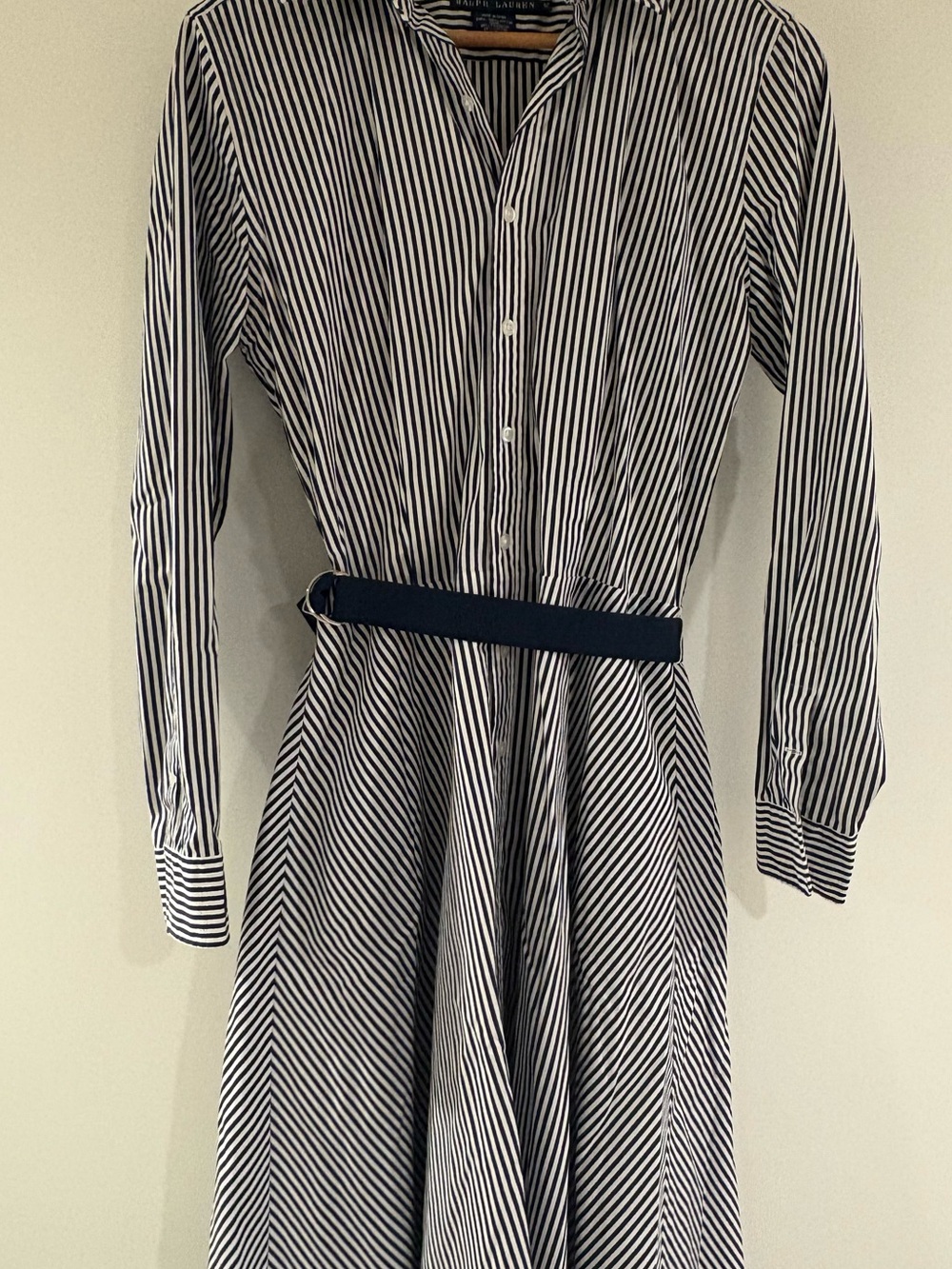 Ralph Lauren Navy and White Striped Long-Sleeve Shirt Dress with Belt